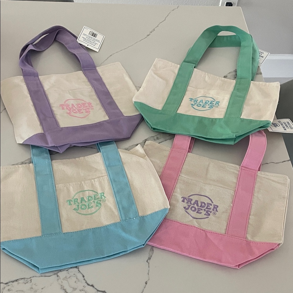 Lot of 4 Spring Trader Joe's Canvas LIMITED Tote Bags Purple, Green, Blue, Pink